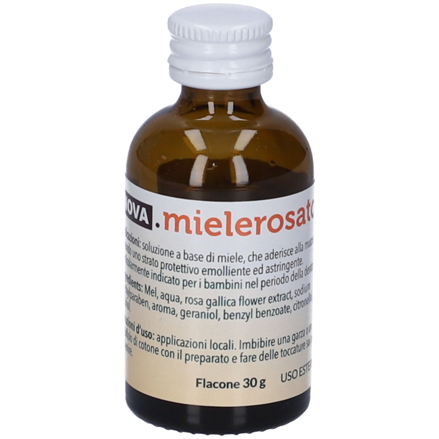 Braune Glasflasche mit weißem Schraubverschluss, gefüllt mit einer Flüssigkeit. Etikett mit Produktinformationen.