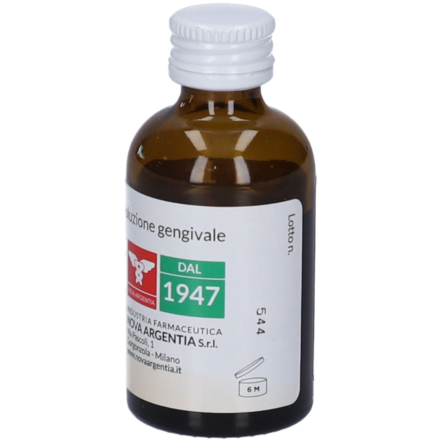 Braune Glasflasche mit weißem Schraubverschluss, gefüllt mit einer dunklen Flüssigkeit. Etikett mit italienischer Aufschrift "Soluzione gengivale" und "DAL 1947".