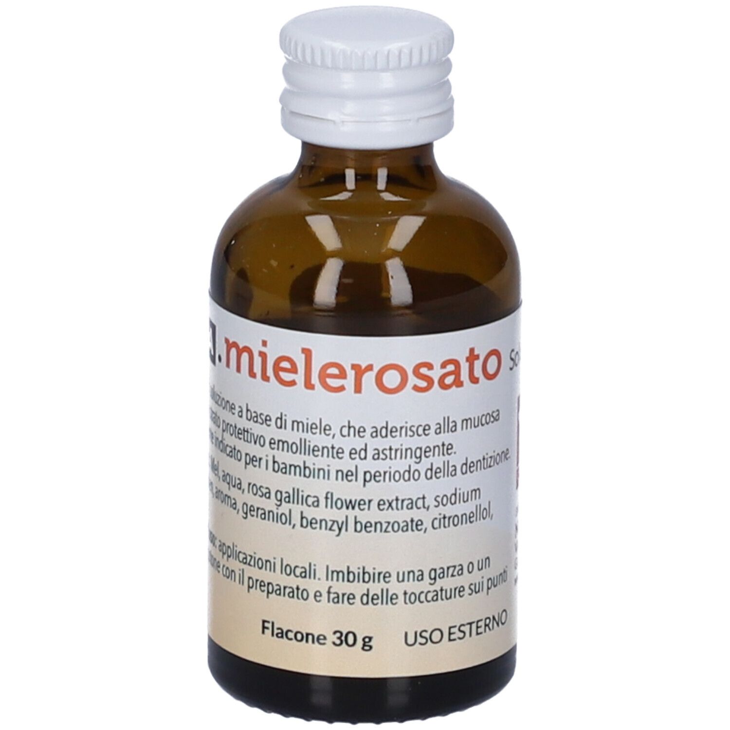 Braune Glasflasche mit weißem Schraubverschluss, Etikett mit italienischer Schrift und 30g Inhalt.