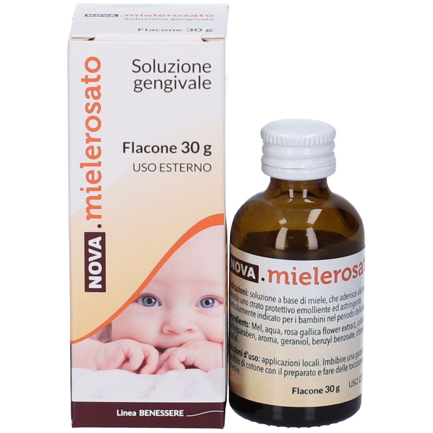 Nova.mielerosato Gengivallösung, 30g Flasche und Karton. Für äußere Anwendung.