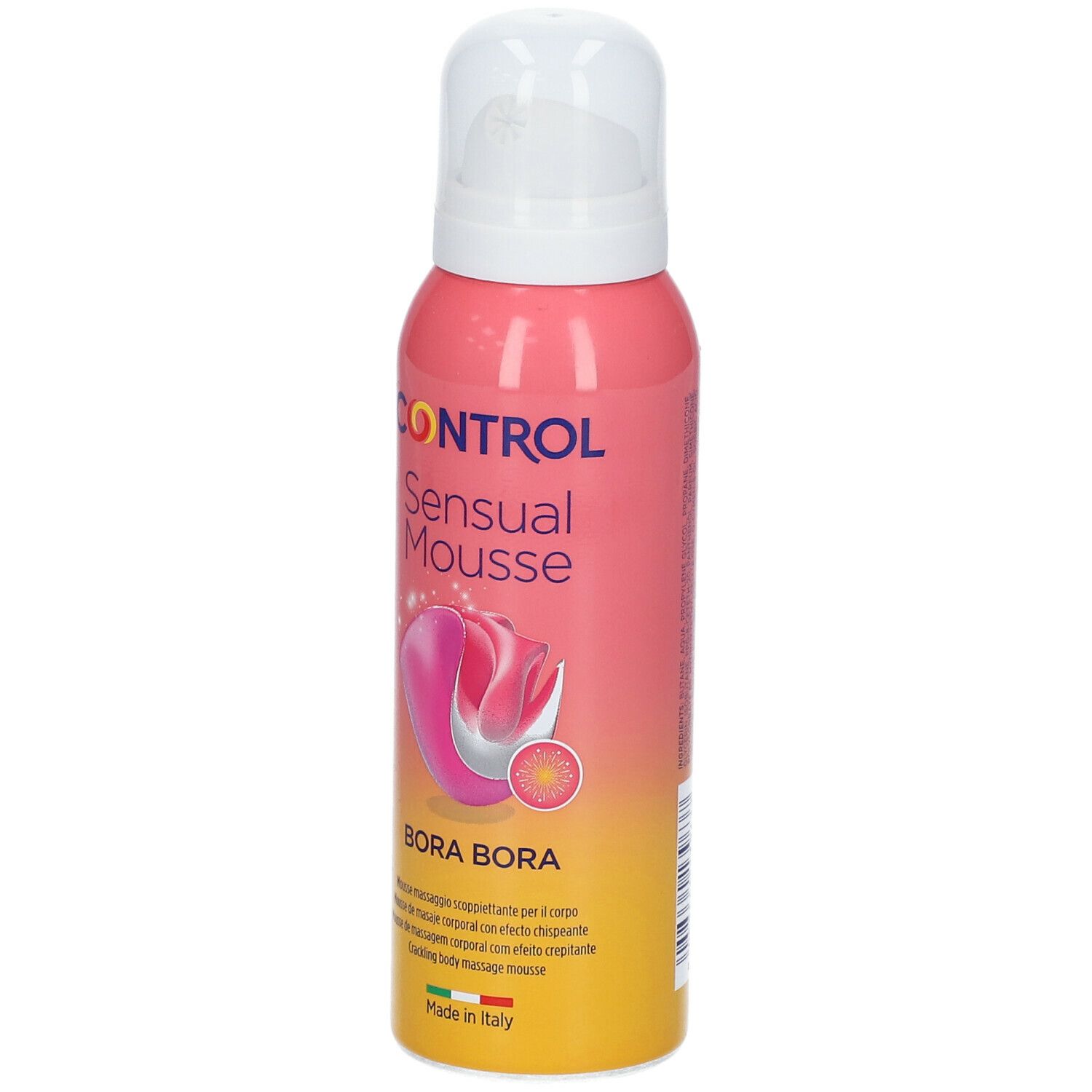 Flacone rosa con erogatore bianco. Scritta: CONTROL Sensual Mousse Bora Bora. Illustrazione di un fiore rosa. Prodotto in Italia.