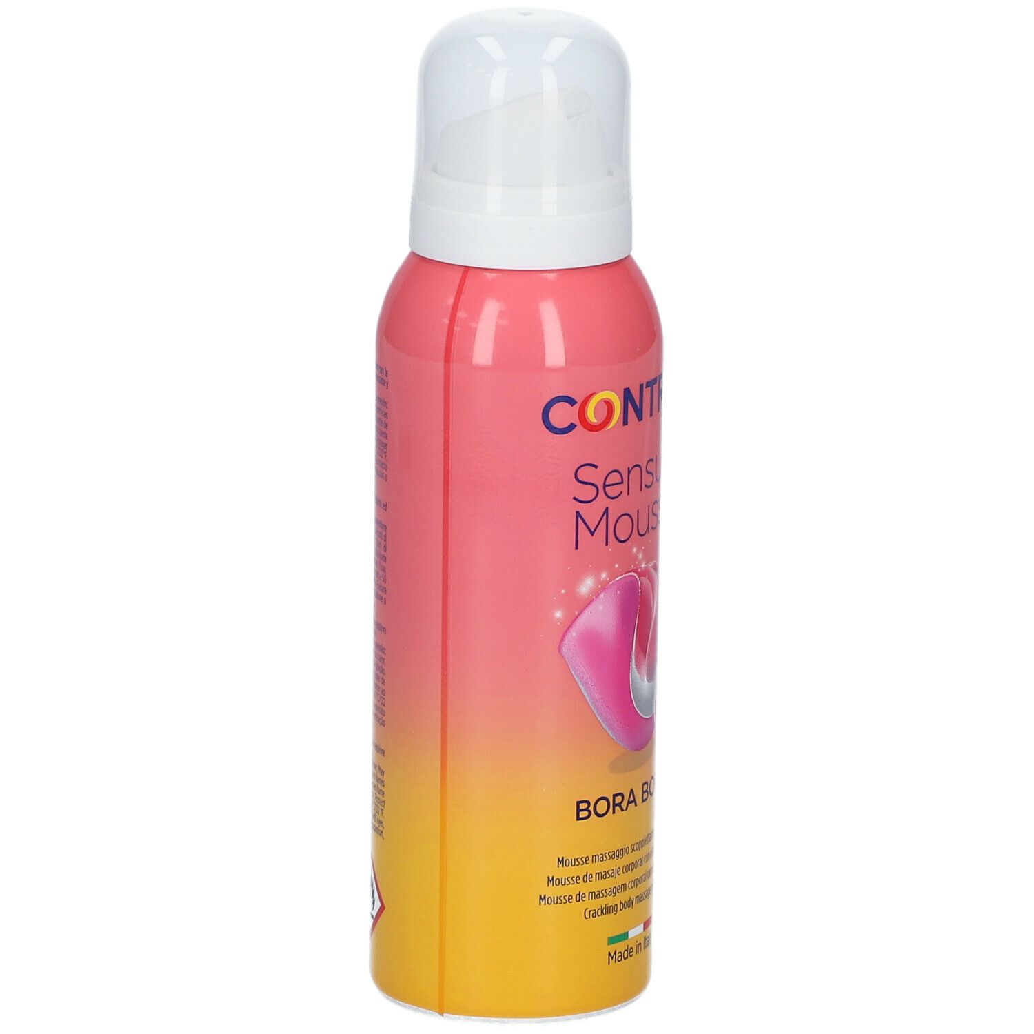 Flacone rosa con erogatore bianco. Scritta: CONTROL Sensual Mousse Bora Bora. Illustrazione di un fiore rosa. Prodotto in Italia.