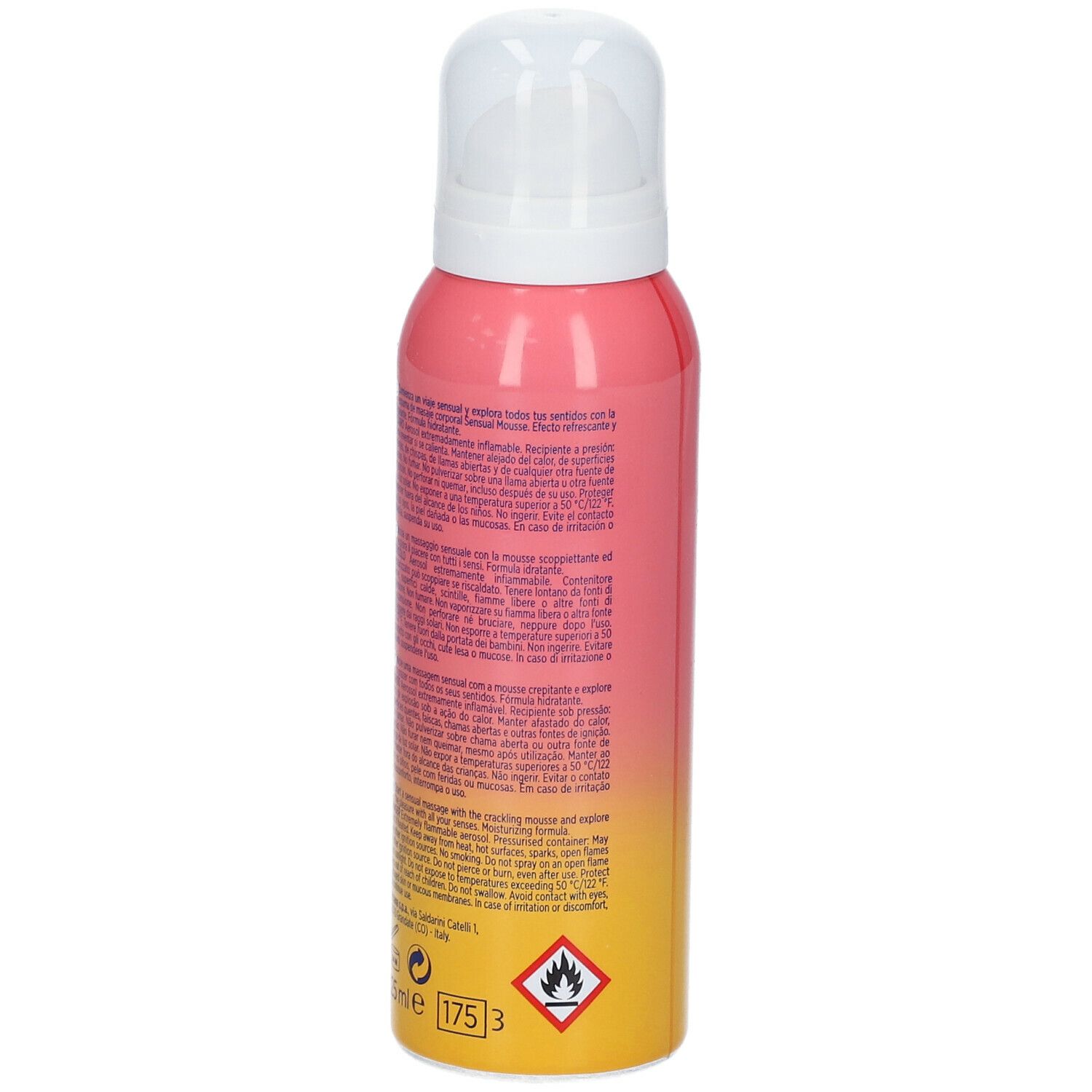 Flacone rosa con erogatore bianco. Testo sul retro. Avvertenza: facilmente infiammabile. Prodotto in Italia. Volume: 175 ml.