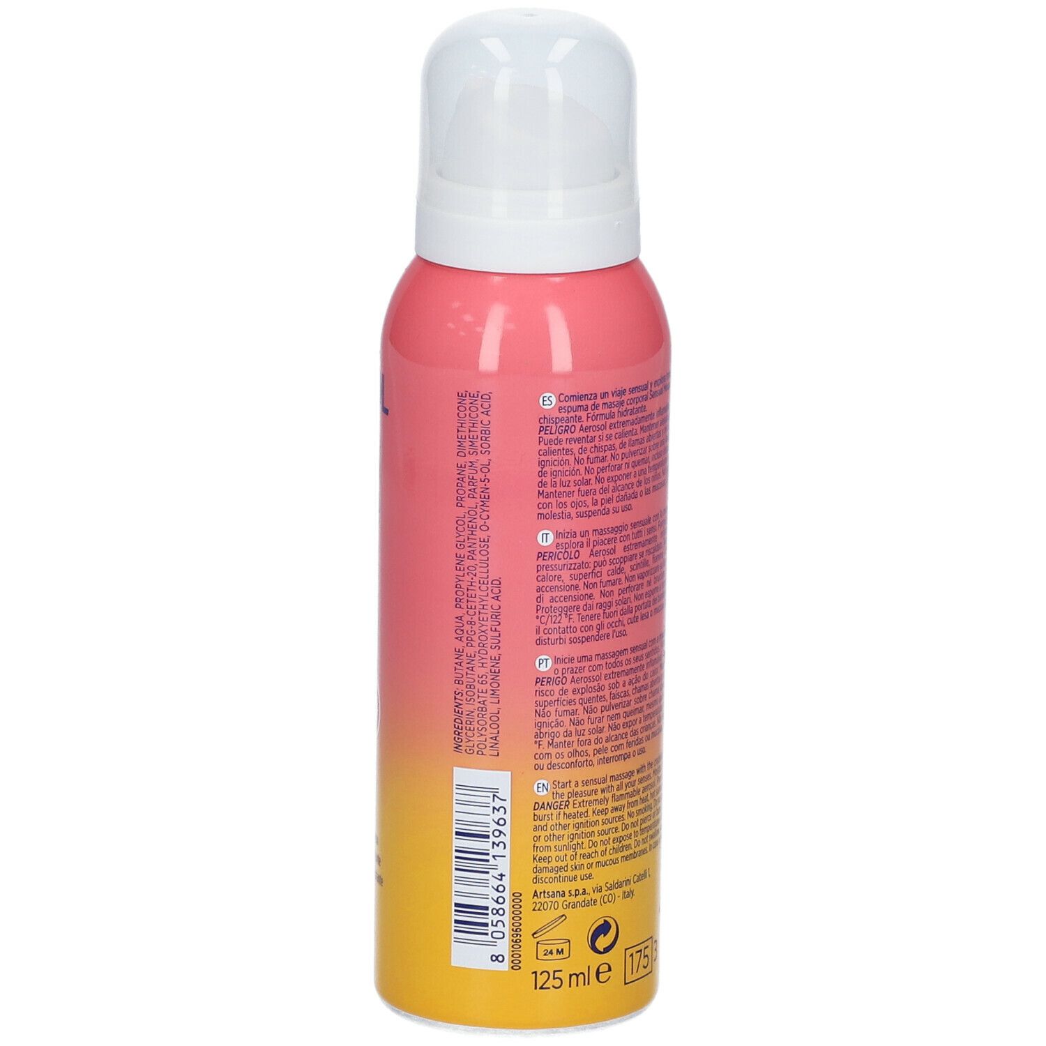 Flacone rosa con erogatore bianco. Ingredienti e testo sul retro. Volume: 125 ml. Avvertenza: facilmente infiammabile.