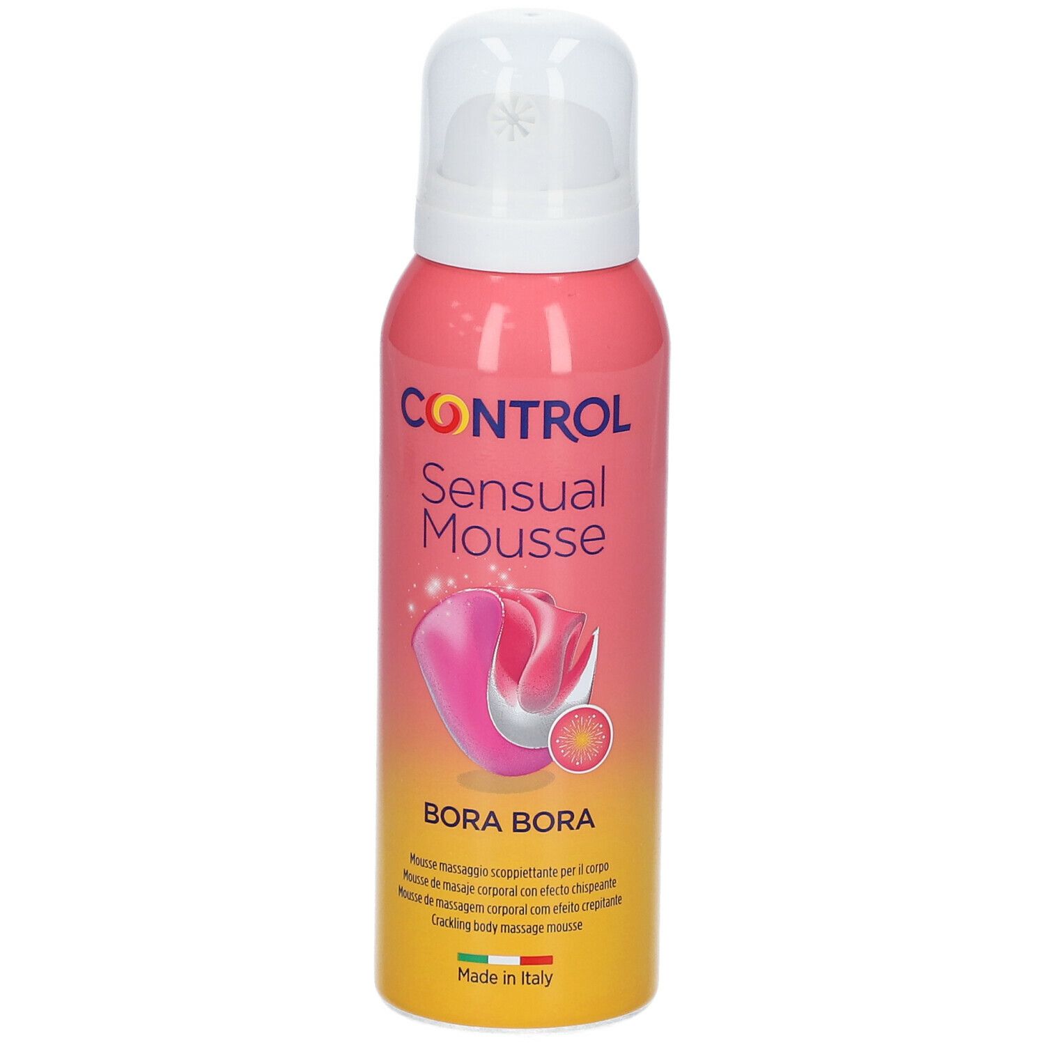 Flacone rosa con erogatore bianco. Scritta: CONTROL Sensual Mousse Bora Bora. Illustrazione di un fiore rosa. Prodotto in Italia.