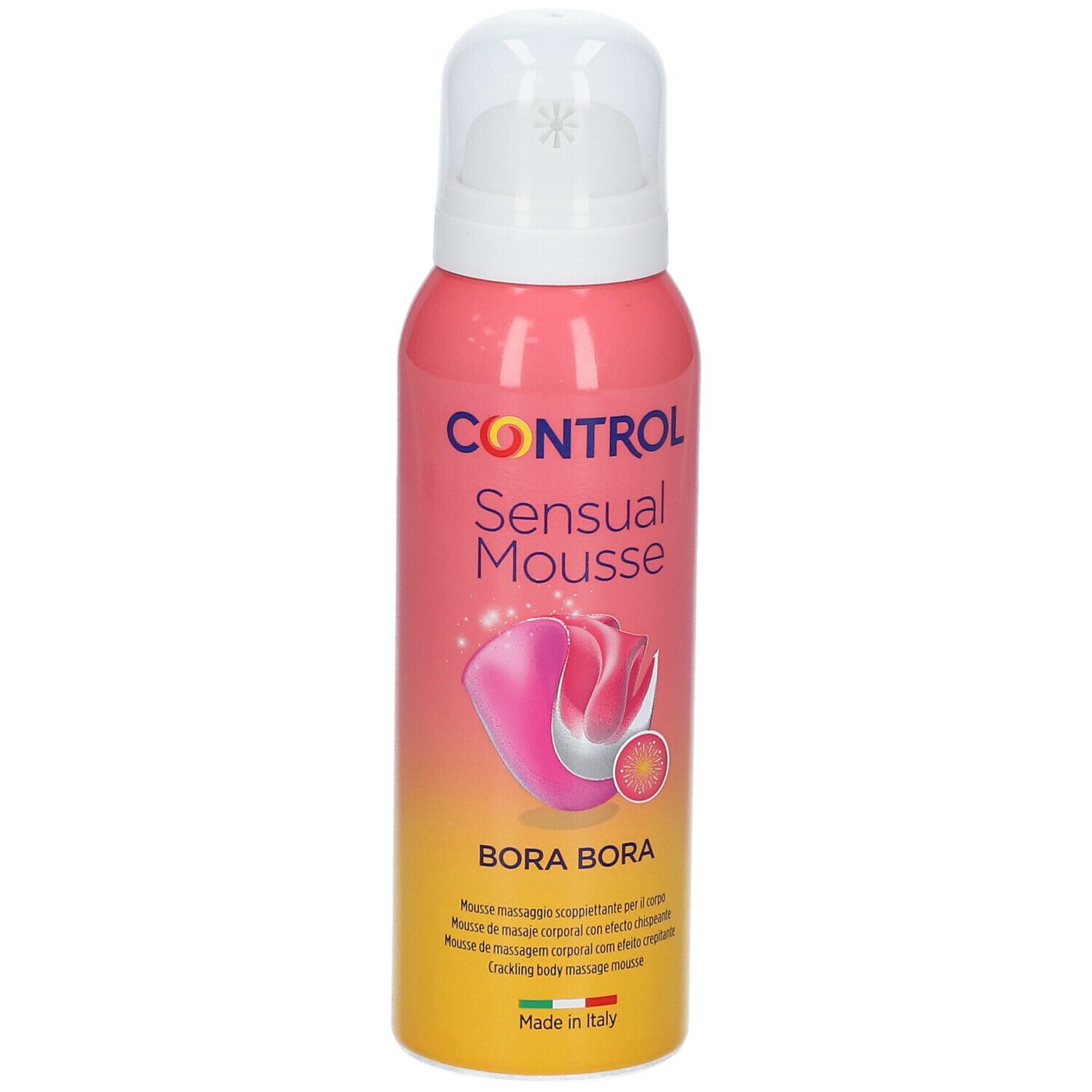Flacone rosa con erogatore bianco. Scritta: CONTROL Sensual Mousse Bora Bora. Illustrazione di un fiore rosa. Prodotto in Italia.
