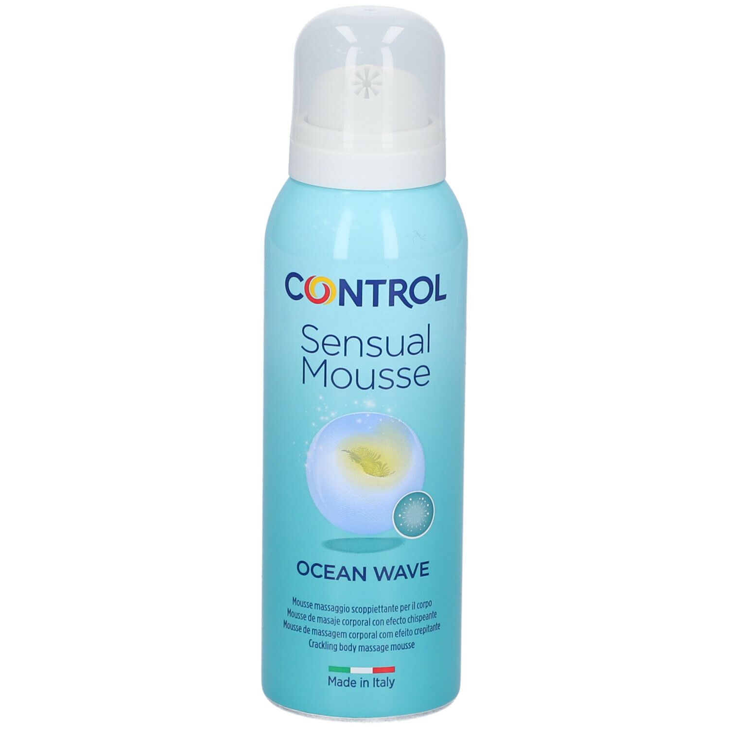 Flacone azzurro con erogatore bianco. Scritta: CONTROL Sensual Mousse Ocean Wave. Prodotto in Italia.