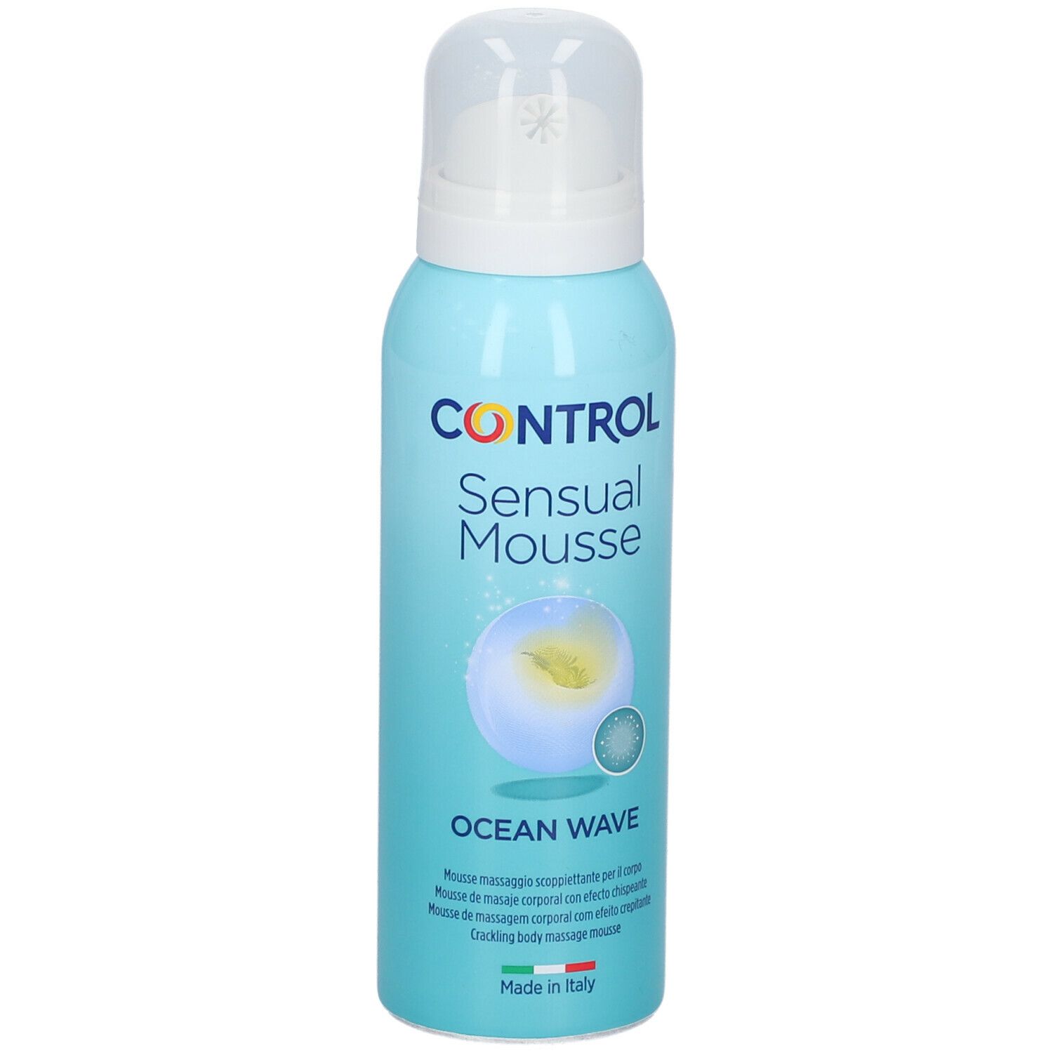 Flacone azzurro con erogatore bianco. Scritta: CONTROL Sensual Mousse Ocean Wave. Prodotto in Italia.