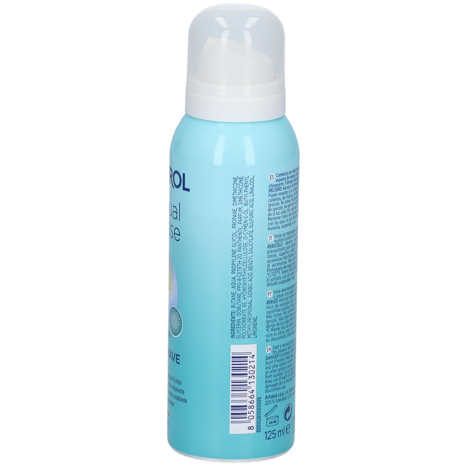 Flacone azzurro con testo e avvertenze. Erogatore bianco. Scritta: CONTROL Sensual Mousse Ocean Wave. 125ml.
