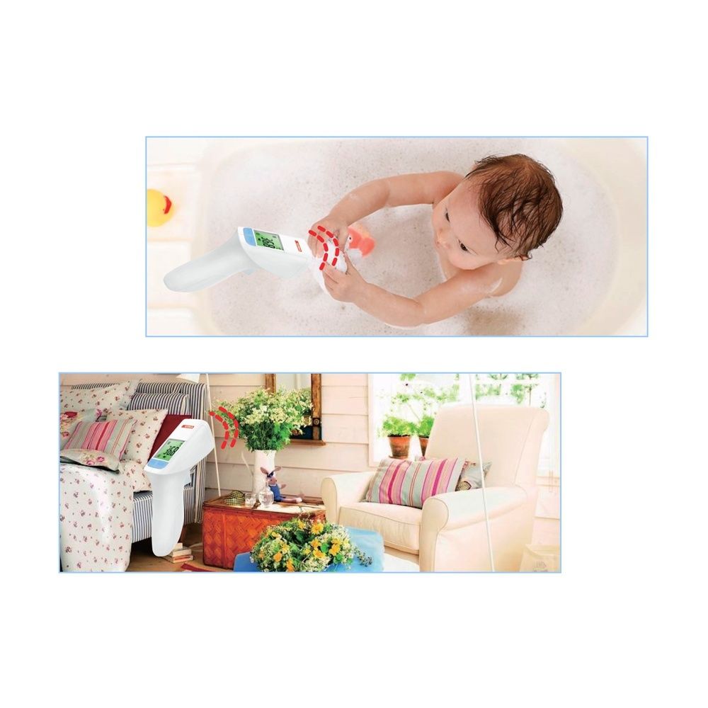 Zwei Szenen mit dem GimaTemp-Thermometer. Baby in Badewanne und Thermometer im Wohnzimmer. Verschiedene Umgebungen.