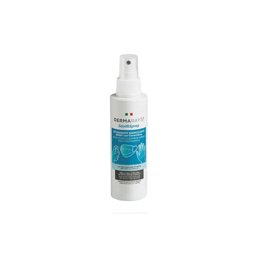Flacone spray bianco con etichetta blu. Scritta: Dermarays Sanifil Spray. Illustrati maschera e guanti.