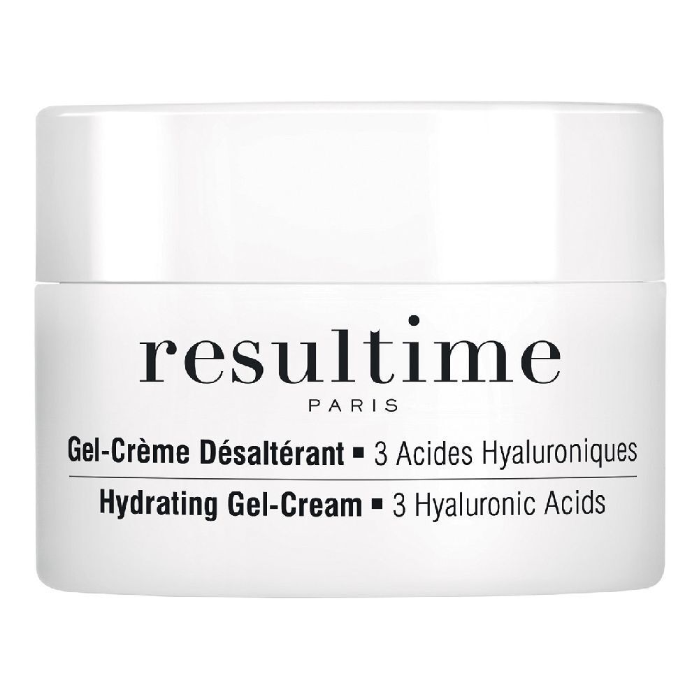 Weißer Tiegel mit Deckel. Aufschrift: Resultime Paris, Gel-Crème Désaltérant, 3 Acides Hyaluroniques, Hydrating Gel-Cream.