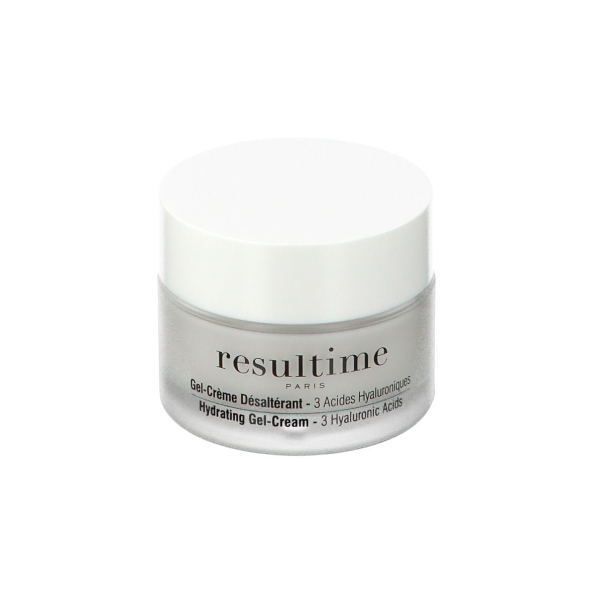 Transparenter Tiegel mit weißem Deckel. Aufschrift: Resultime Paris, Gel-Crème Désaltérant, 3 Acides Hyaluroniques, Hydrating Gel-Cream.
