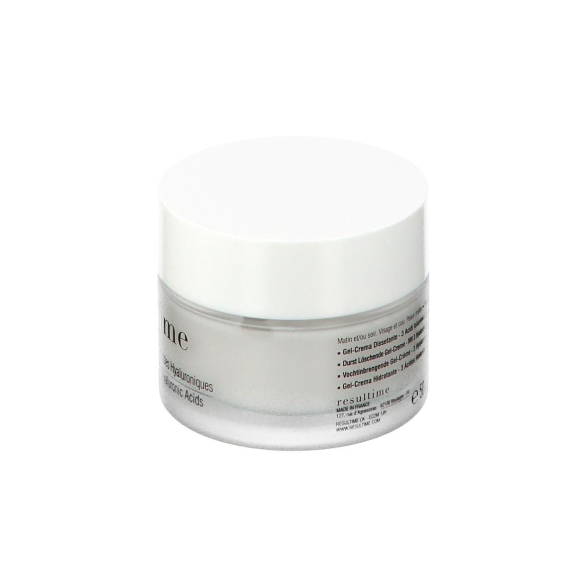 Transparenter Tiegel mit weißem Deckel. Aufschrift: Resultime Paris, Gel-Crème Désaltérant, 3 Acides Hyaluroniques, Hydrating Gel-Cream.