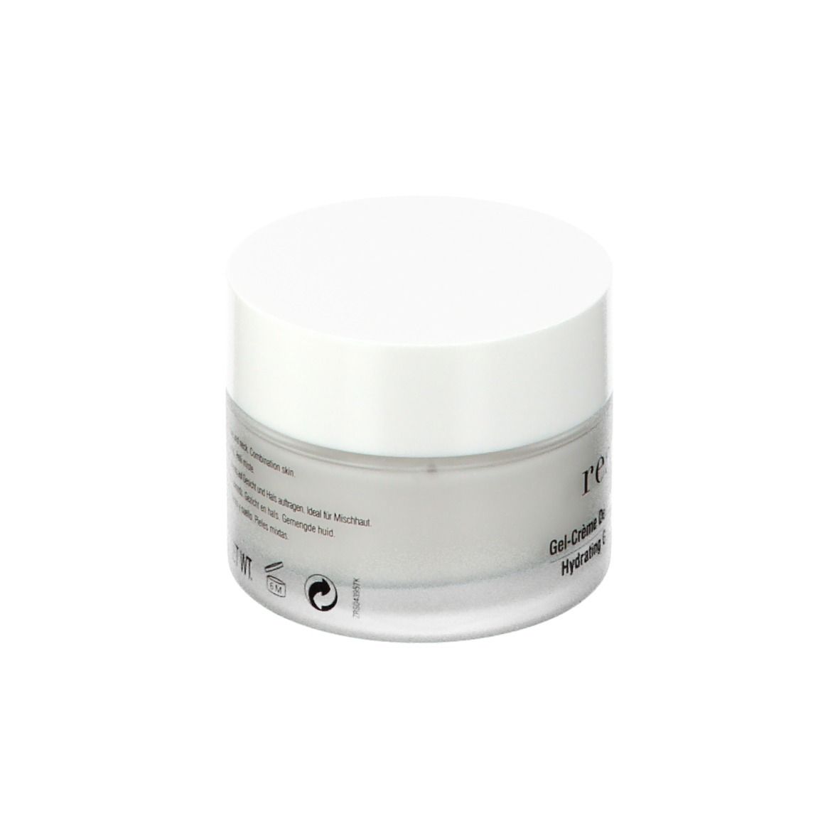 Transparenter Tiegel mit weißem Deckel. Aufschrift: Resultime Paris, Gel-Crème Désaltérant, 3 Acides Hyaluroniques, Hydrating Gel-Cream.
