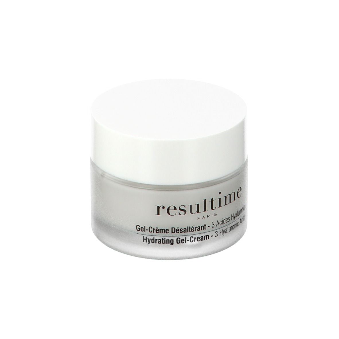 Transparenter Tiegel mit weißem Deckel. Aufschrift: Resultime Paris, Gel-Crème Désaltérant, 3 Acides Hyaluroniques, Hydrating Gel-Cream.