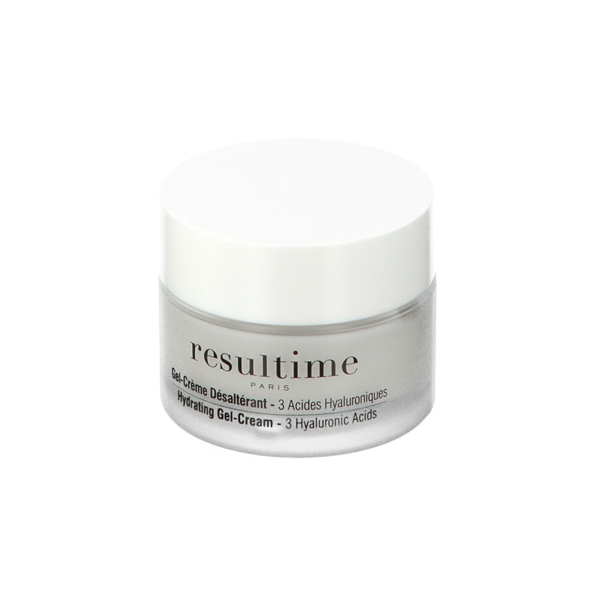 Transparenter Tiegel mit weißem Deckel. Aufschrift: Resultime Paris, Gel-Crème Désaltérant, 3 Acides Hyaluroniques, Hydrating Gel-Cream.