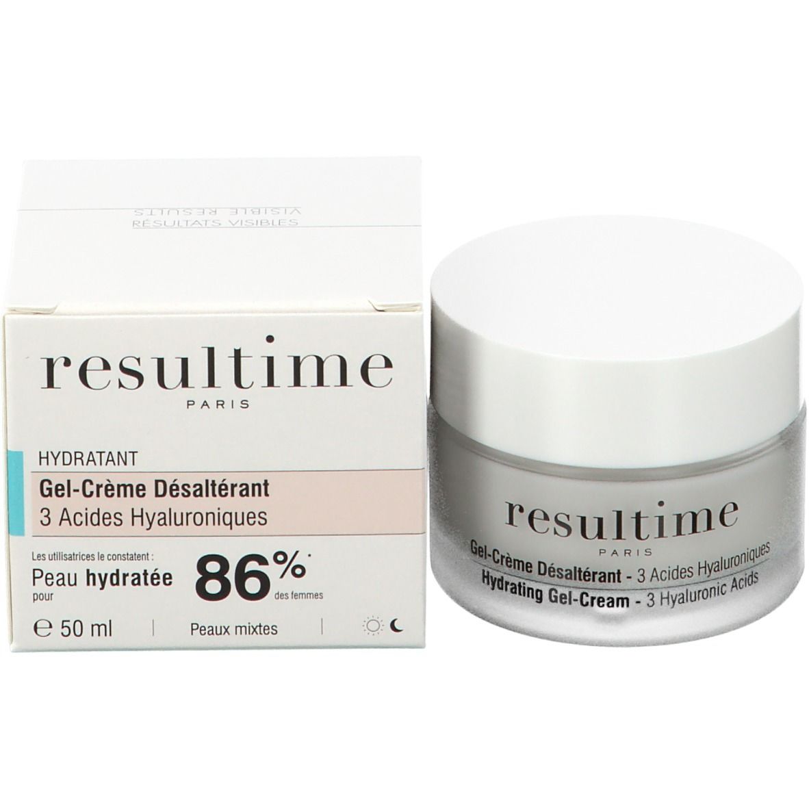 Produktpackung und Tiegel. Packung mit Aufschrift: Resultime, Hydratant, Gel-Crème Désaltérant, 3 Acides Hyaluroniques. Tiegel daneben.