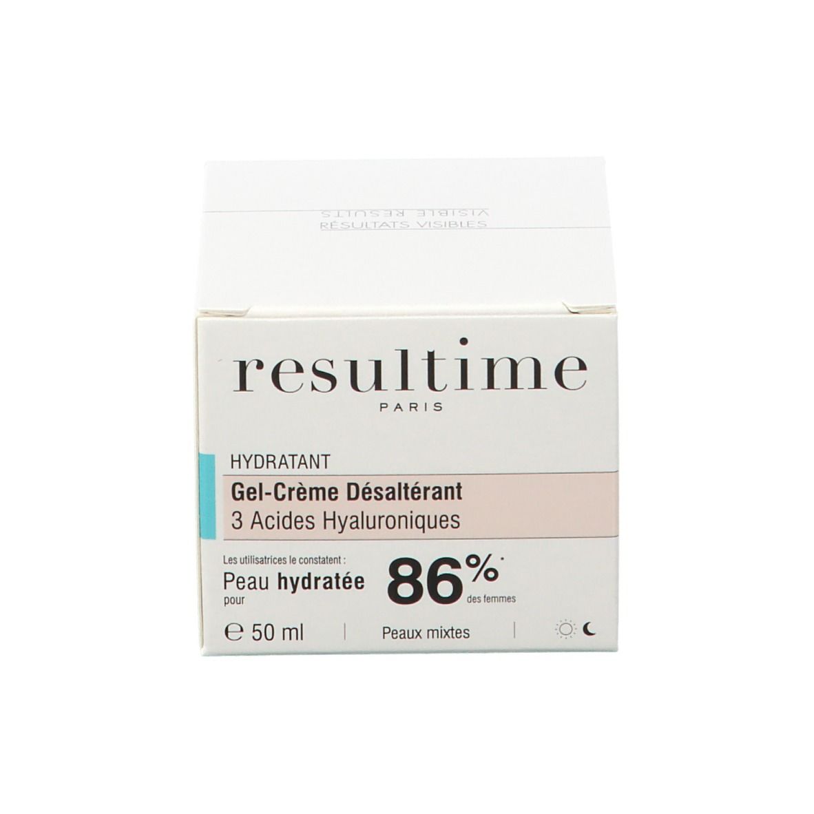 Produktpackung mit Aufschrift: Resultime, Hydratant, Gel-Crème Désaltérant, 3 Acides Hyaluroniques. 86% hydratisierte Haut.