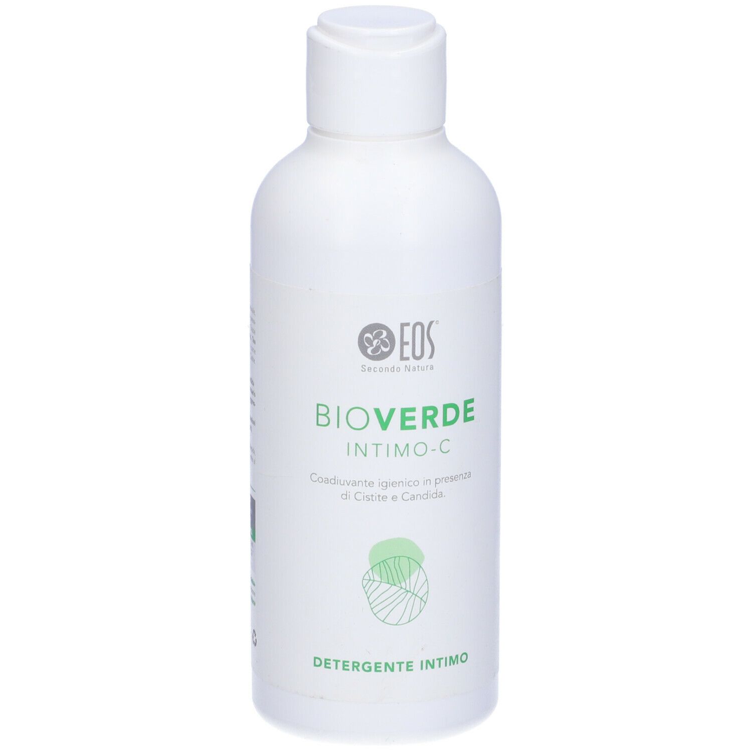 Flacone bianco con etichetta verde. Scritta: BIOVERDE INTIMO-C, Detergente Intimo. Marchio: EOS.