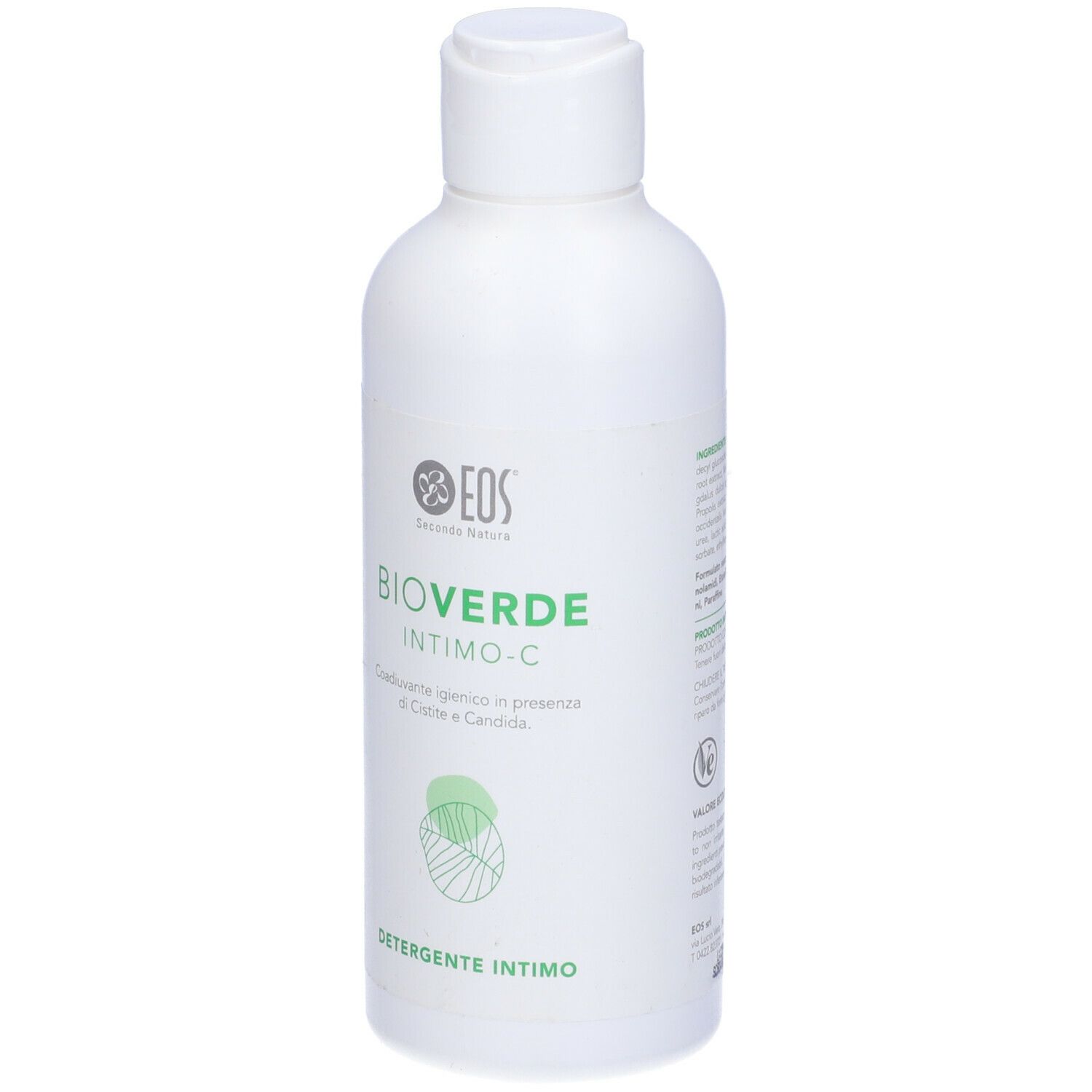 Flacone bianco con etichetta verde. Scritta: BIOVERDE INTIMO-C, Detergente Intimo. Marchio: EOS.
