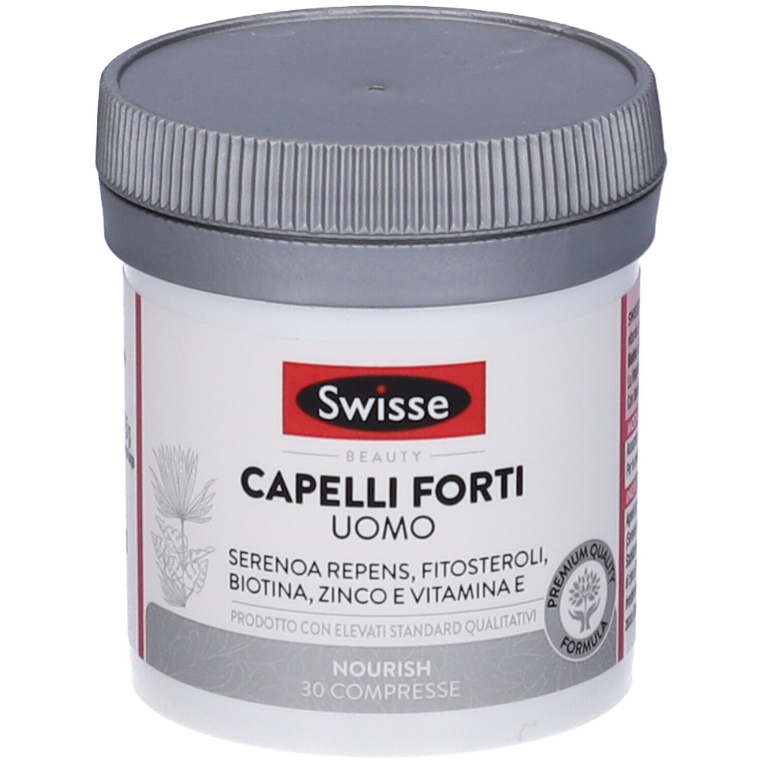 Barattolo bianco rotondo con coperchio grigio. Scritta: Swisse Beauty Capelli Forti Uomo. 30 compresse.