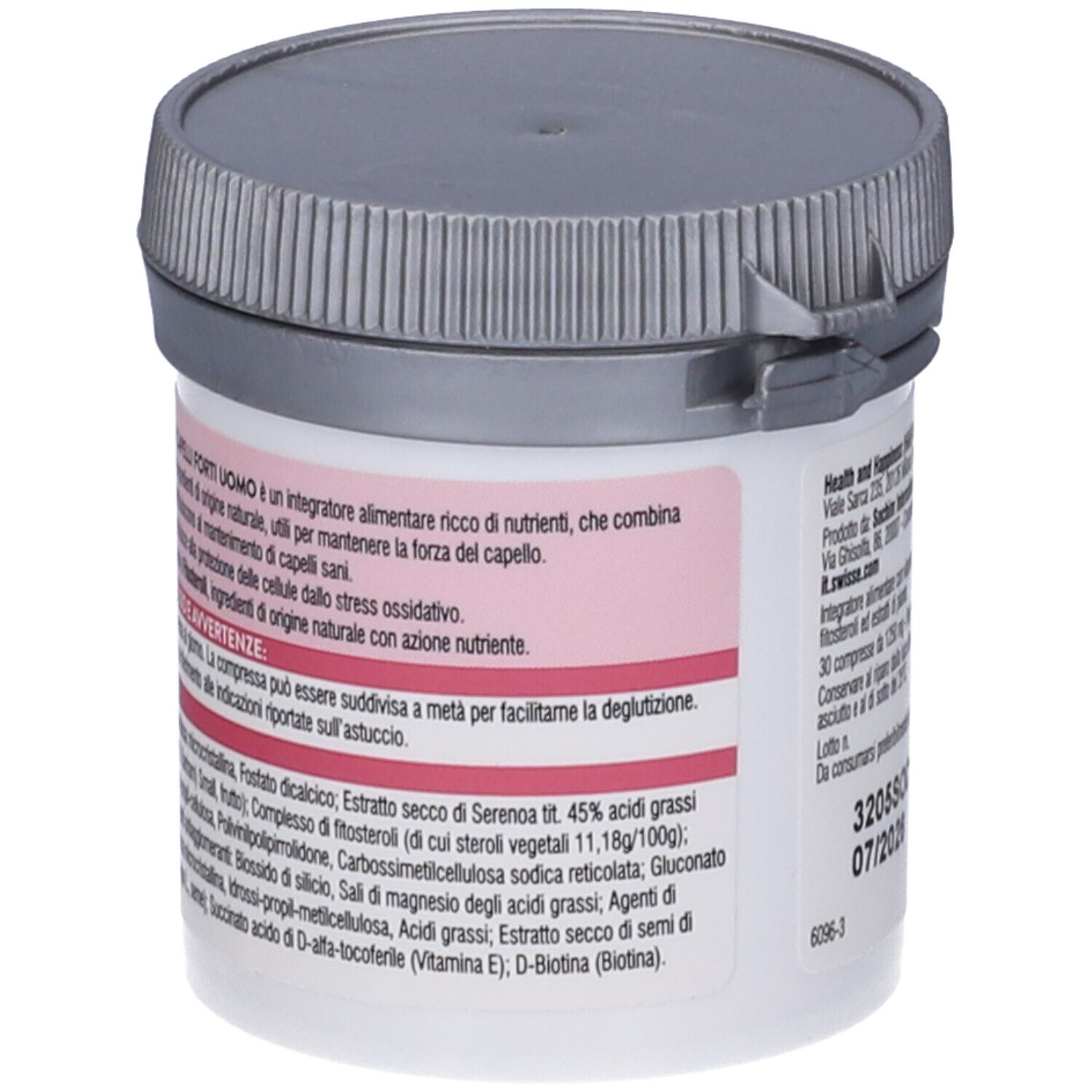 Barattolo bianco rotondo con coperchio grigio. Scritta: Swisse Beauty Capelli Forti Uomo. Ingredienti e avvertenze sul retro.