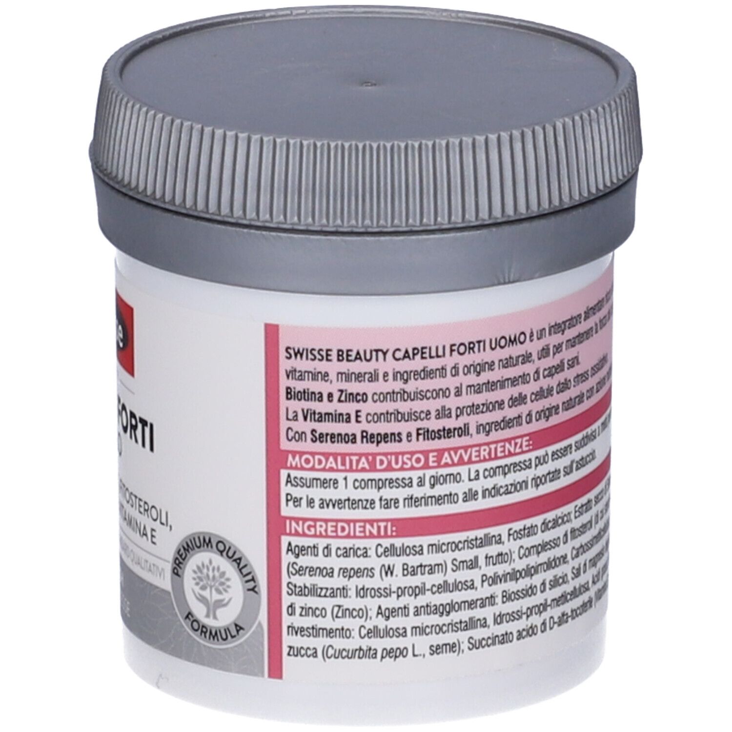 Barattolo bianco rotondo con coperchio grigio. Scritta: Swisse Beauty Capelli Forti Uomo. Ingredienti e avvertenze sul retro.