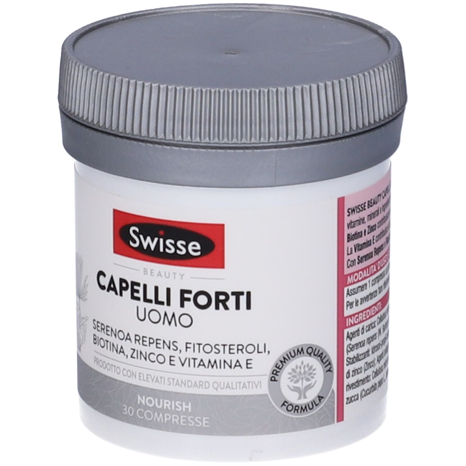 Barattolo bianco rotondo con coperchio grigio. Scritta: Swisse Beauty Capelli Forti Uomo. 30 compresse.