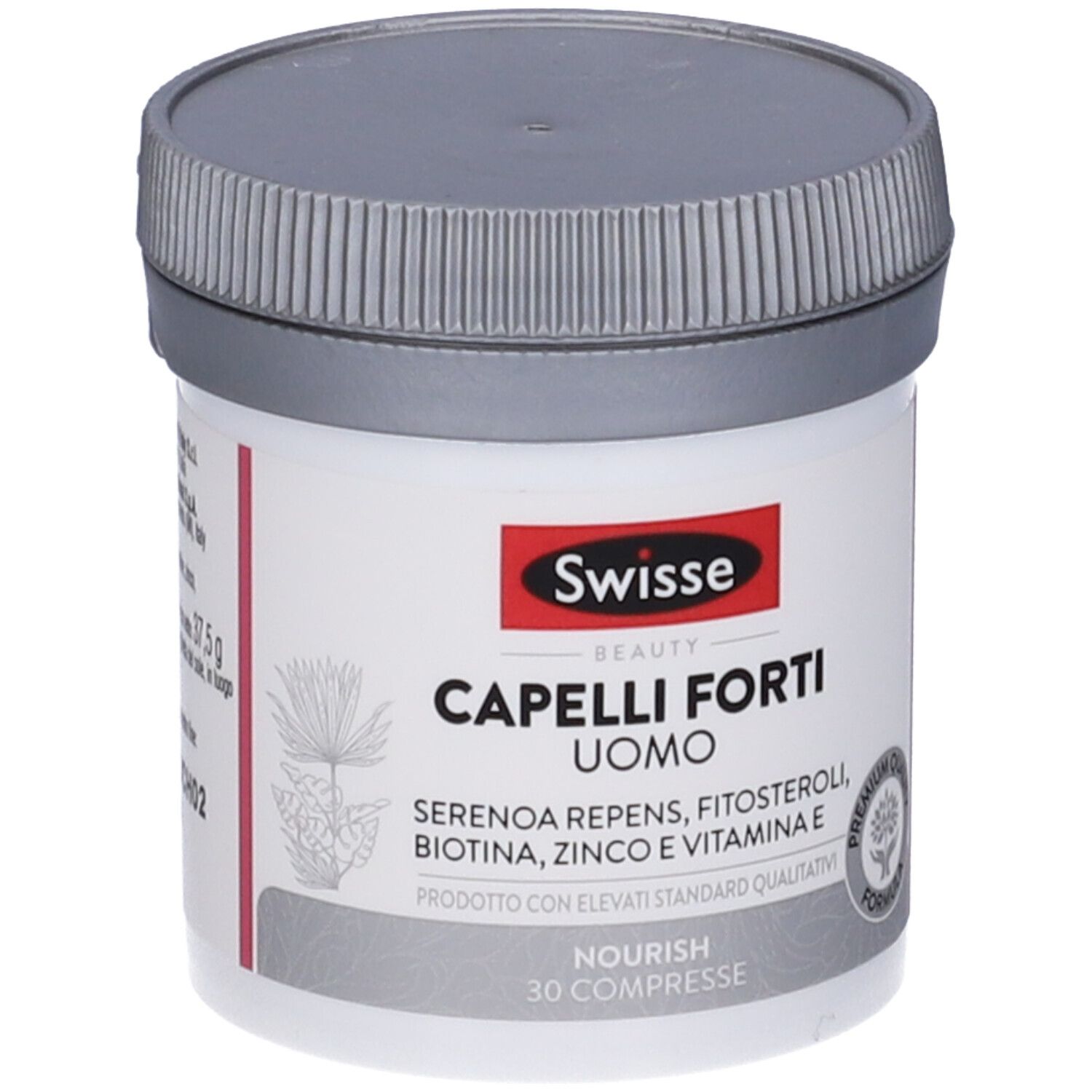 Barattolo bianco rotondo con coperchio grigio. Scritta: Swisse Beauty Capelli Forti Uomo. 30 compresse.