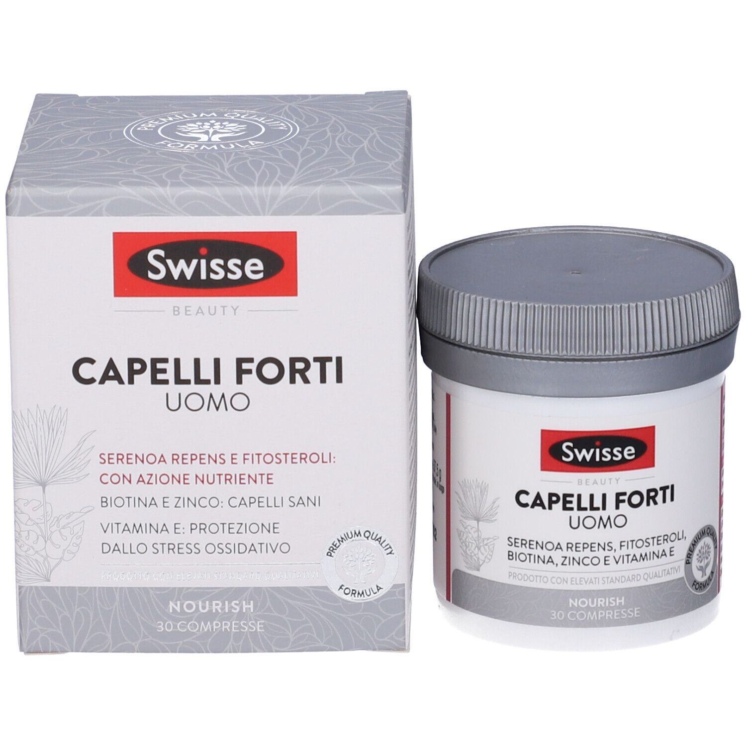 Confezione del prodotto: barattolo e scatola. Scritta: Swisse Beauty Capelli Forti Uomo. 30 compresse.