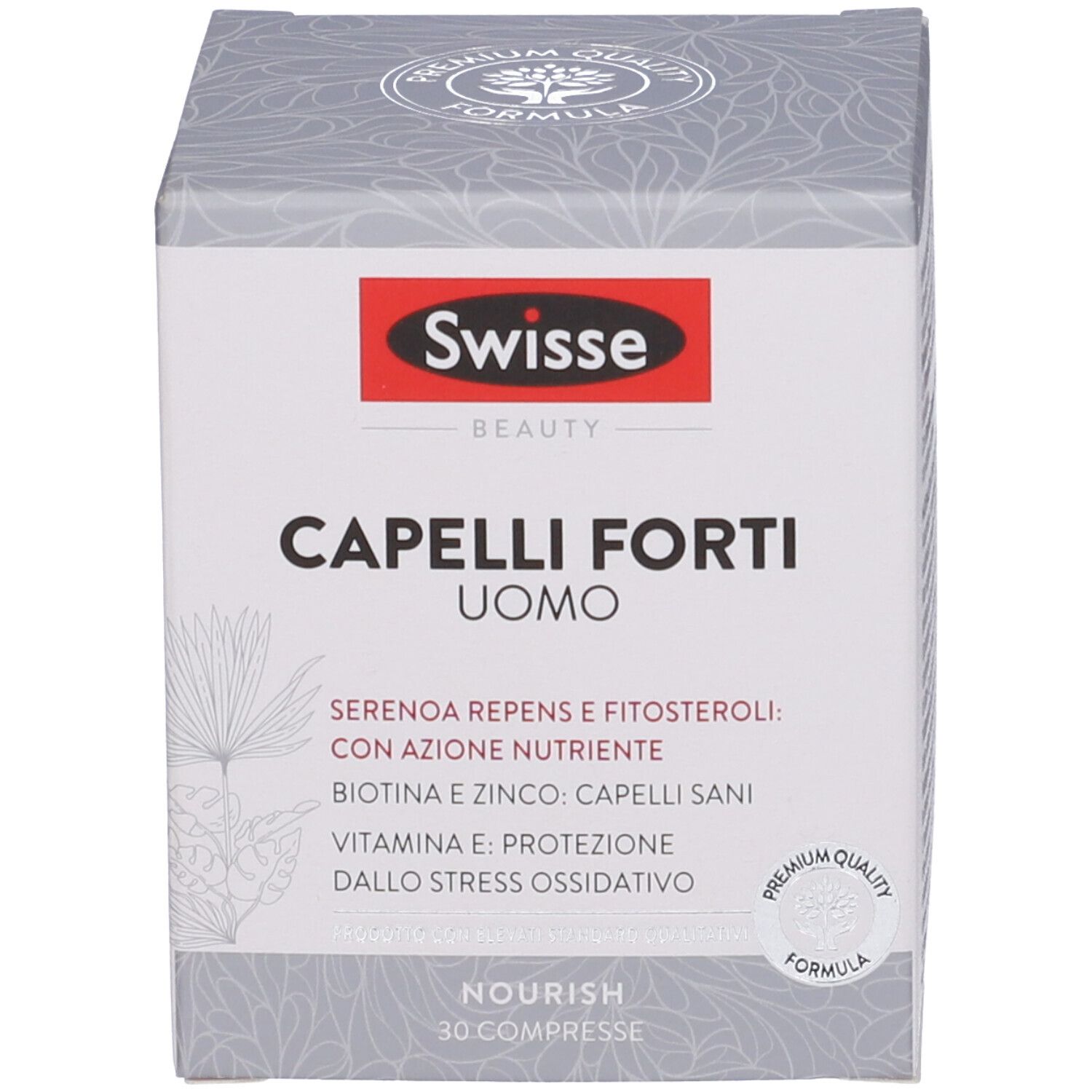 Confezione del prodotto: scatola. Scritta: Swisse Beauty Capelli Forti Uomo. 30 compresse.