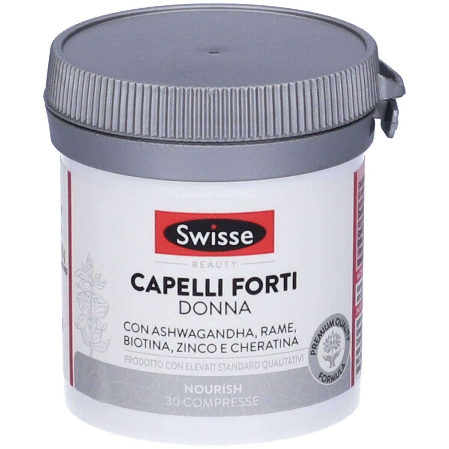 Contenitore bianco Swisse Beauty Capelli Forti Donna con coperchio grigio. Etichetta rossa con nome prodotto e ingredienti.