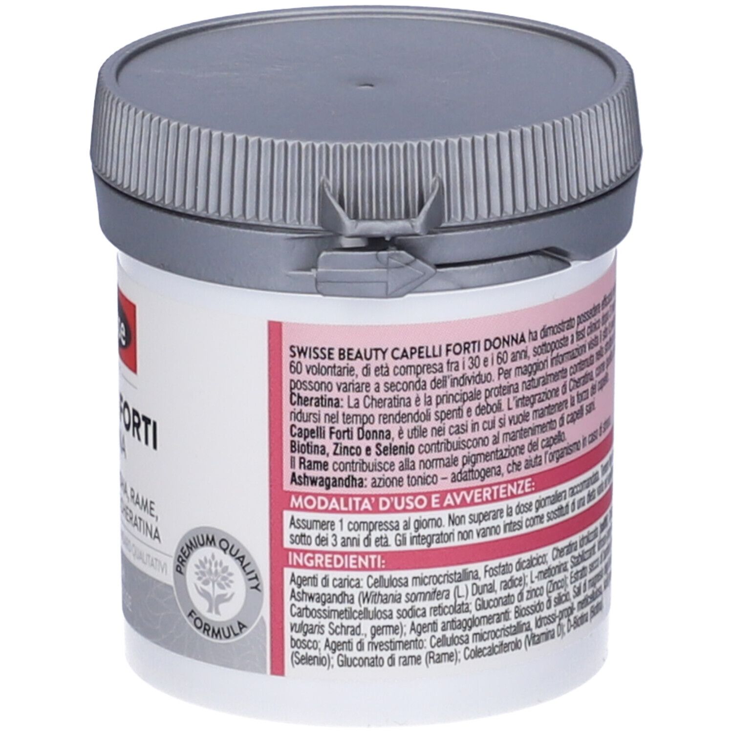 Retro del contenitore bianco Swisse Beauty Capelli Forti Donna. Testo con informazioni e ingredienti.