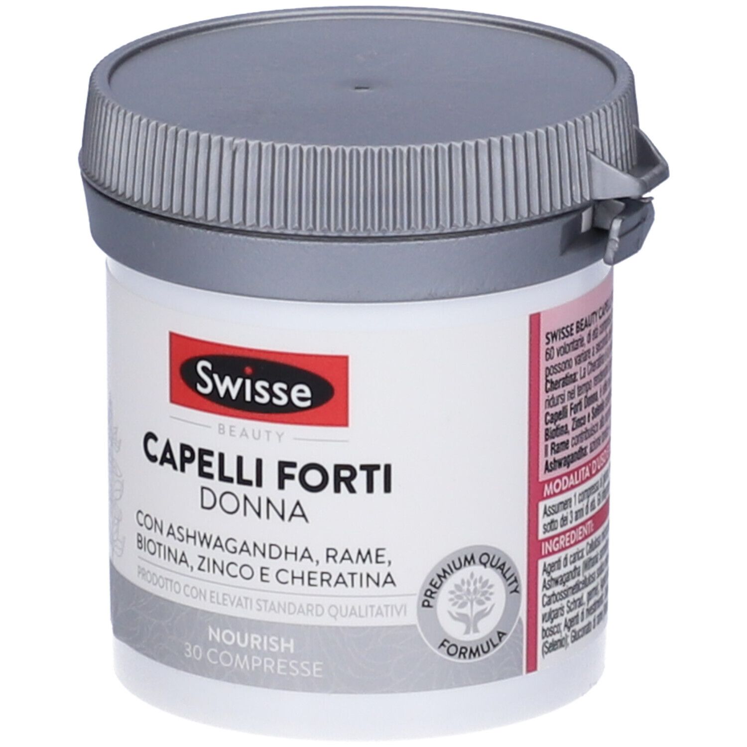 Contenitore bianco Swisse Beauty Capelli Forti Donna con coperchio grigio. Etichetta rossa con nome prodotto e ingredienti.