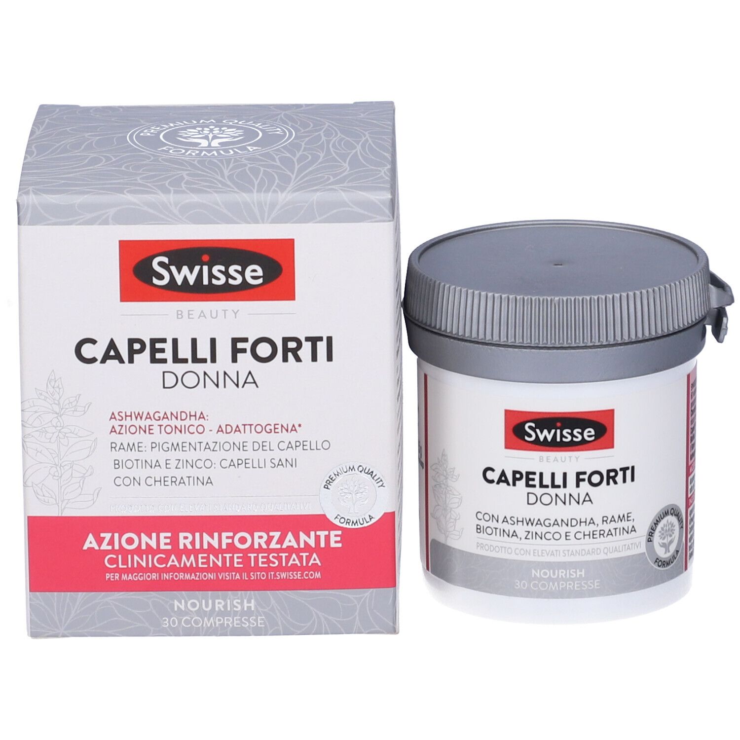Contenitore e confezione Swisse Beauty Capelli Forti Donna. Etichetta rossa con nome prodotto e ingredienti.