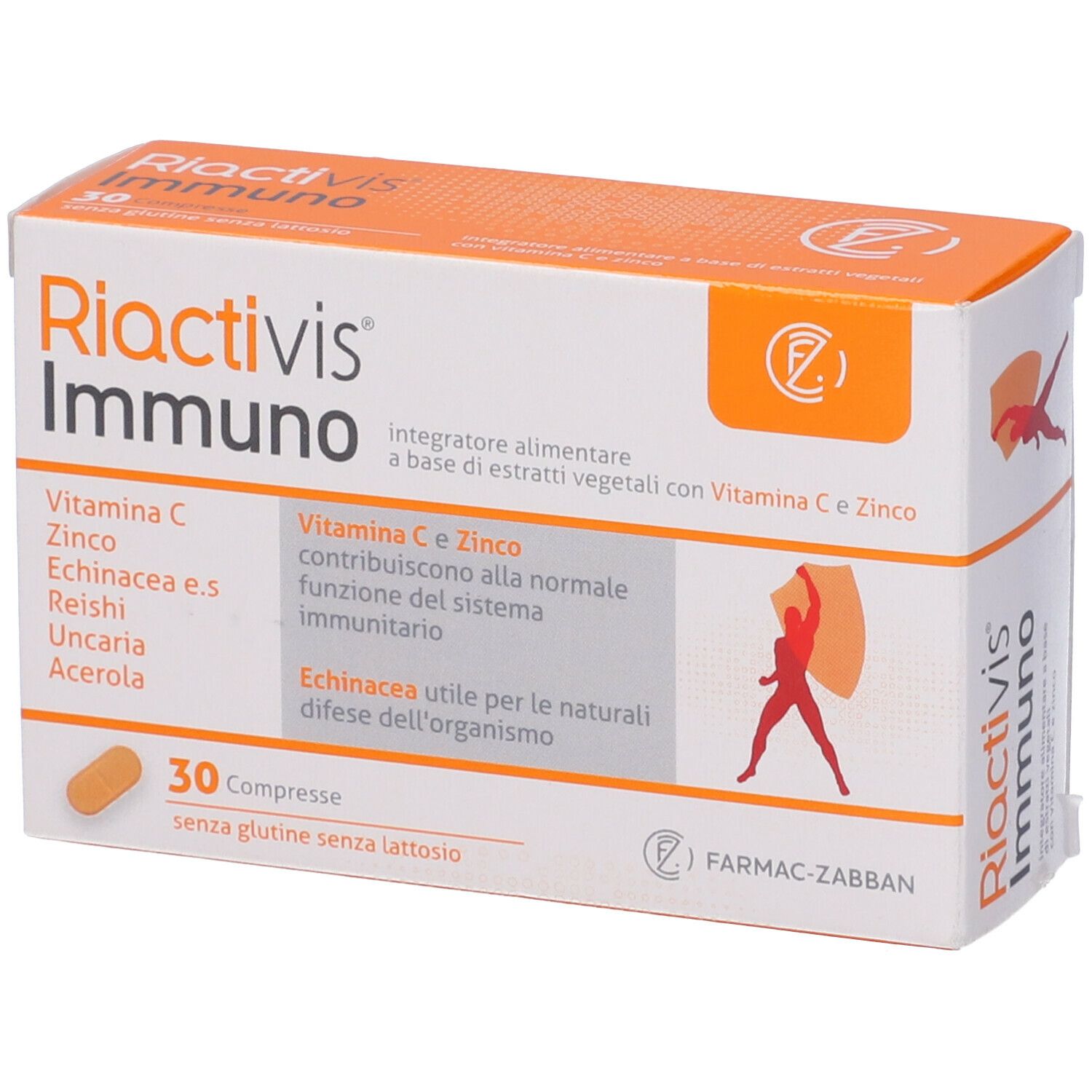 Scatola 'Riactivis Immuno' con 30 compresse. Contiene Vitamina C, Zinco, Echinacea. Senza glutine e lattosio.