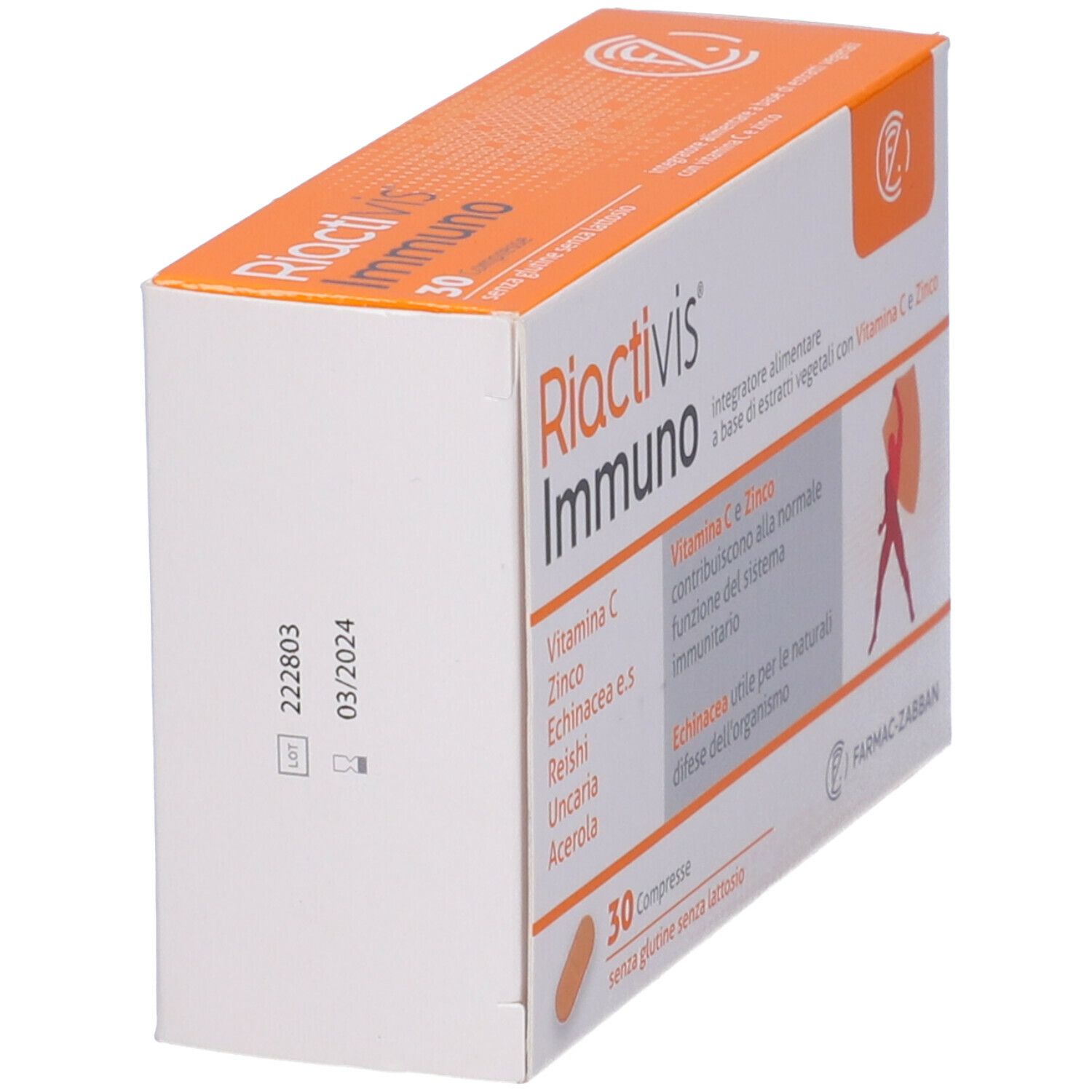 Vista angolata della scatola 'Riactivis Immuno'. Contiene 30 compresse. Ingredienti: Vitamina C, Zinco, Echinacea.
