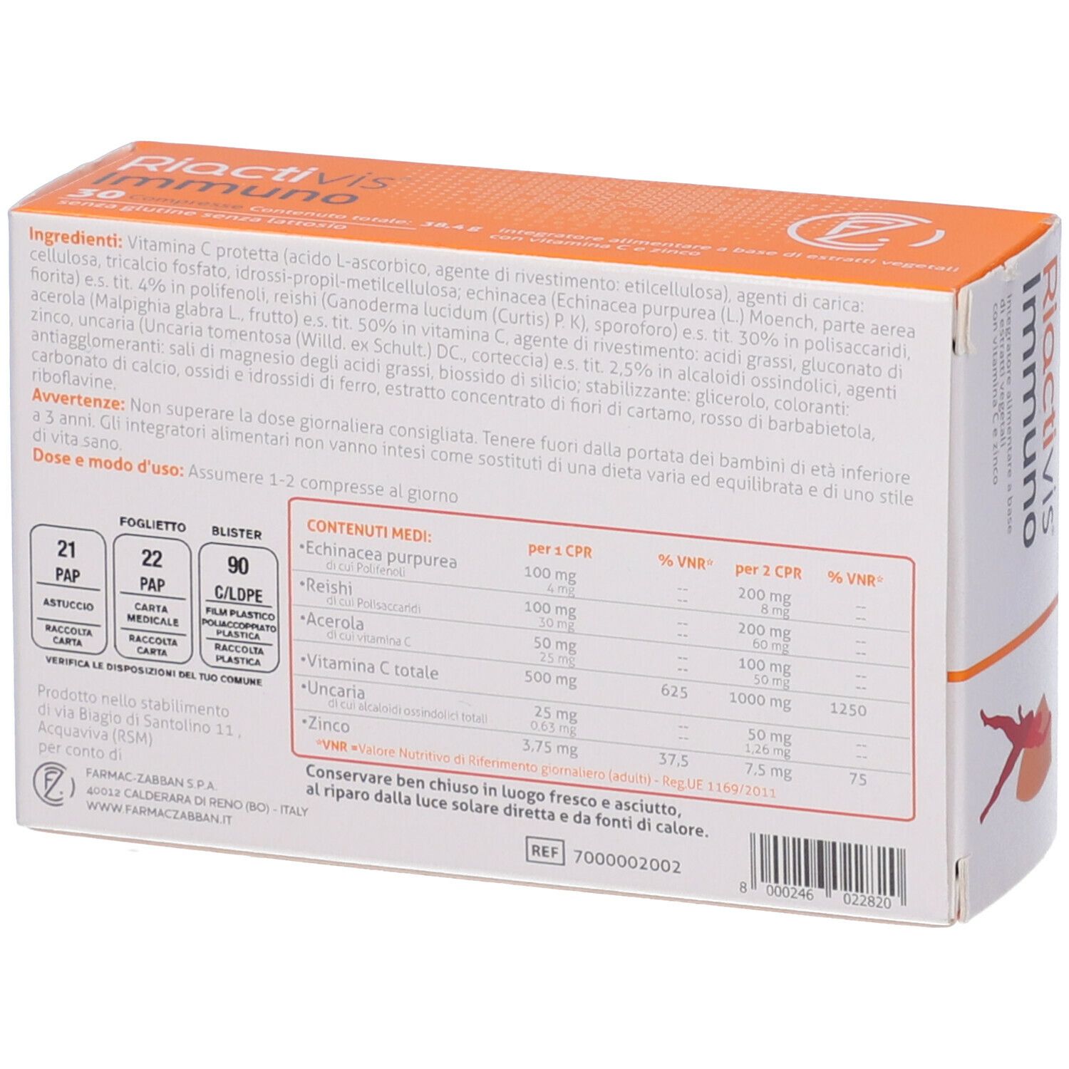 Retro della scatola 'Riactivis Immuno'. Contiene ingredienti e informazioni nutrizionali. 30 compresse.