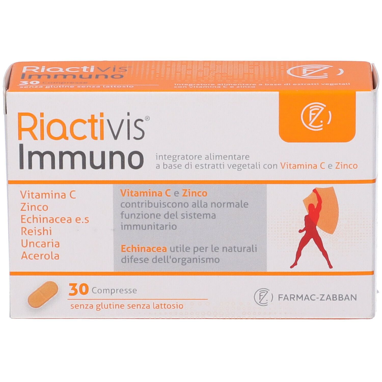 Scatola 'Riactivis Immuno' con 30 compresse. Contiene vitamina C, zinco, echinacea. Senza glutine e lattosio.