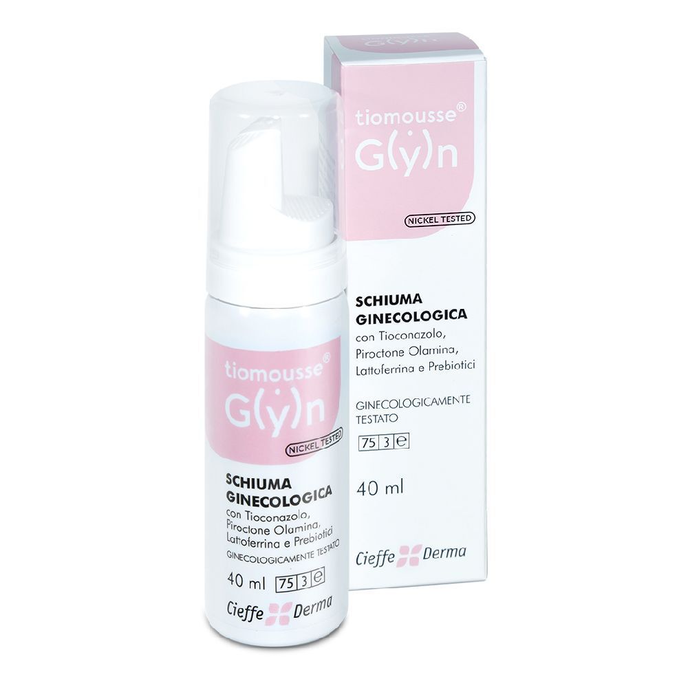Flacone bianco con etichetta rosa. Scritta: Tiomousse G(y)n, Schiuma Ginecologica, 40 ml. Con scatola.