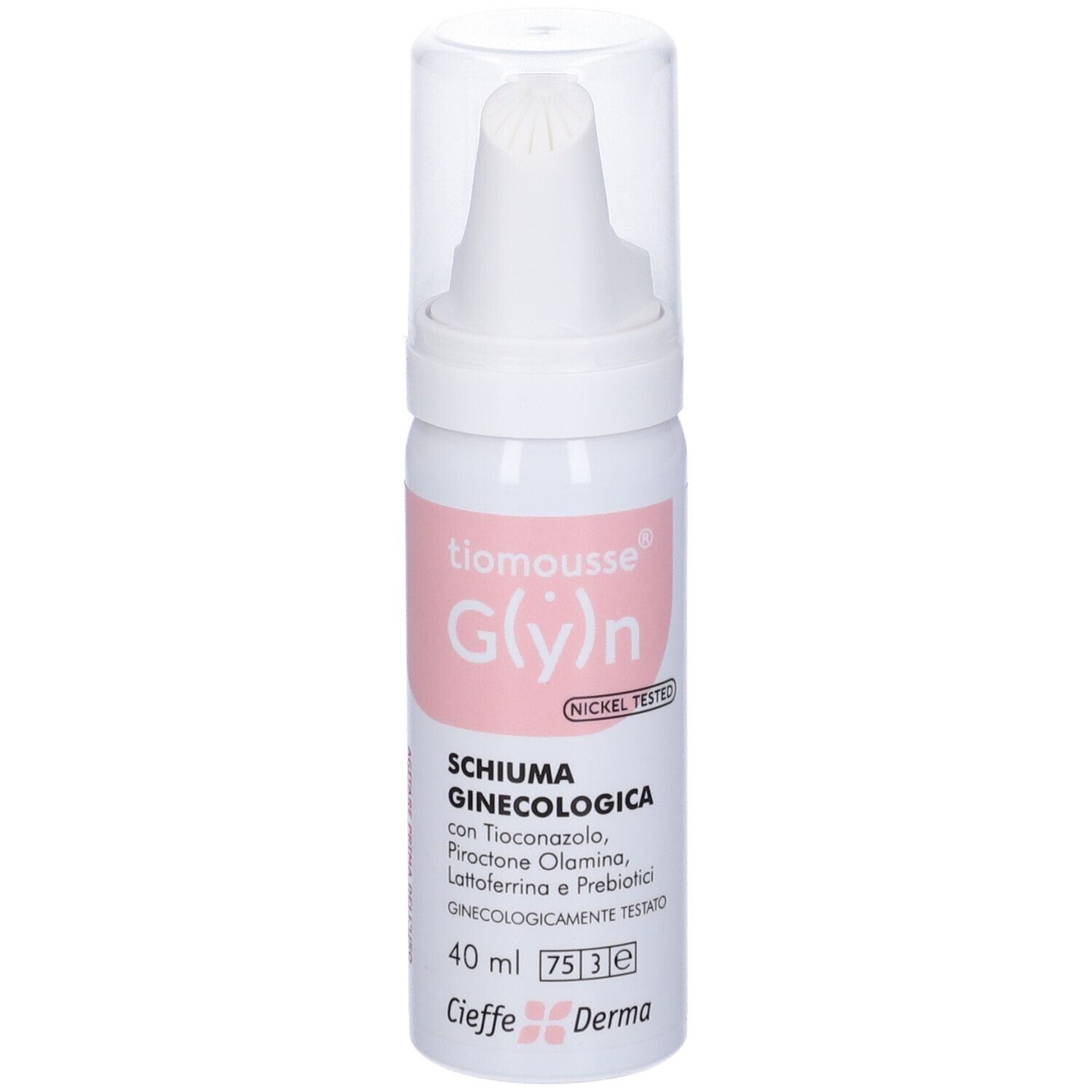 Flacone bianco con etichetta rosa. Scritta: Tiomousse G(y)n, Schiuma Ginecologica, 40 ml. Nickel Tested.