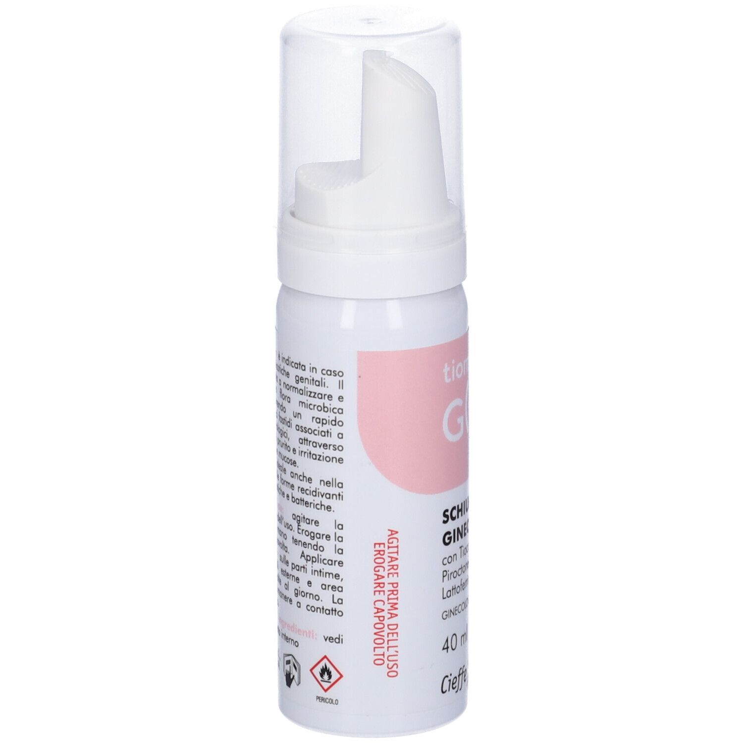 Flacone bianco con etichetta rosa. Scritta: Tiomousse G(y)n, Schiuma Ginecologica, 40 ml. Testo in italiano.