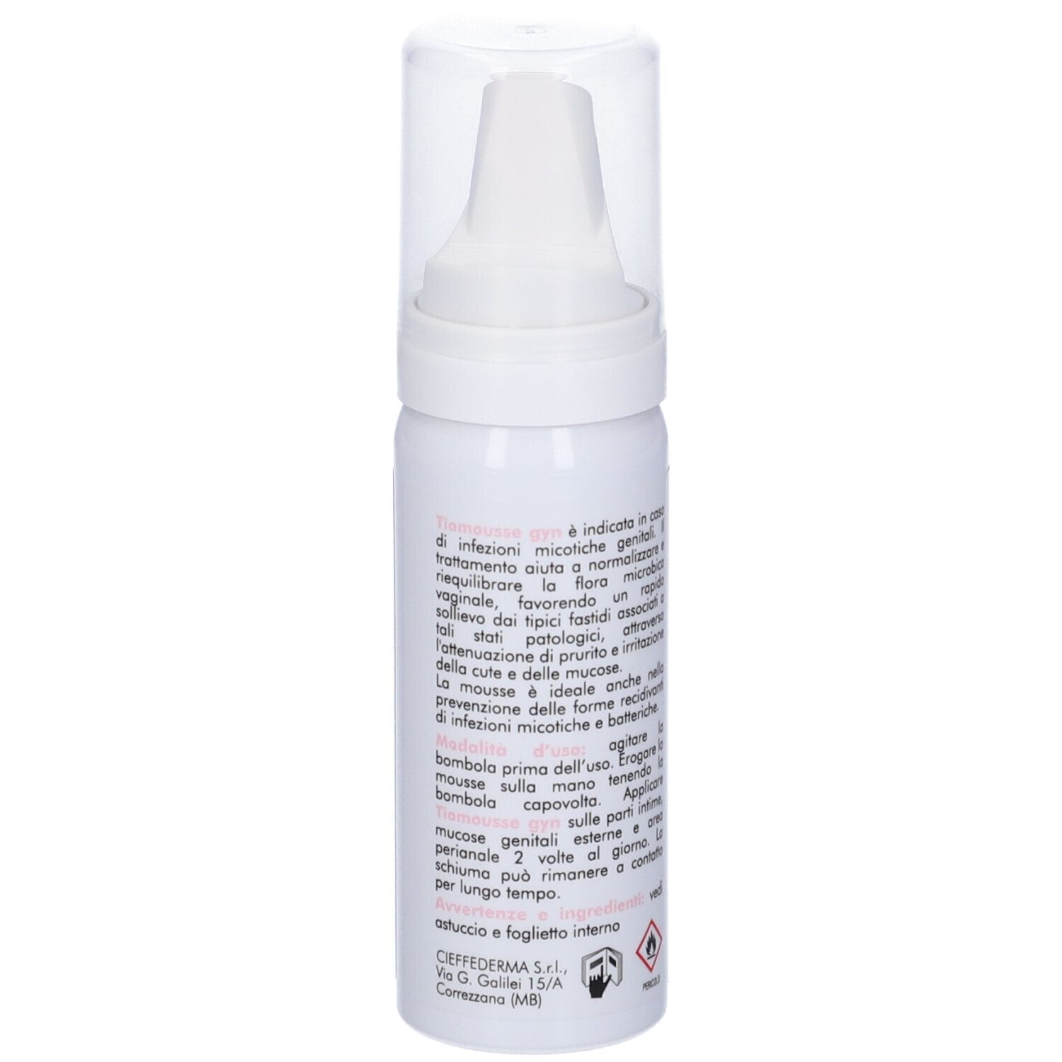 Flacone bianco con etichetta rosa. Scritta: Tiomousse G(y)n, Schiuma Ginecologica, 40 ml. Testo in italiano.
