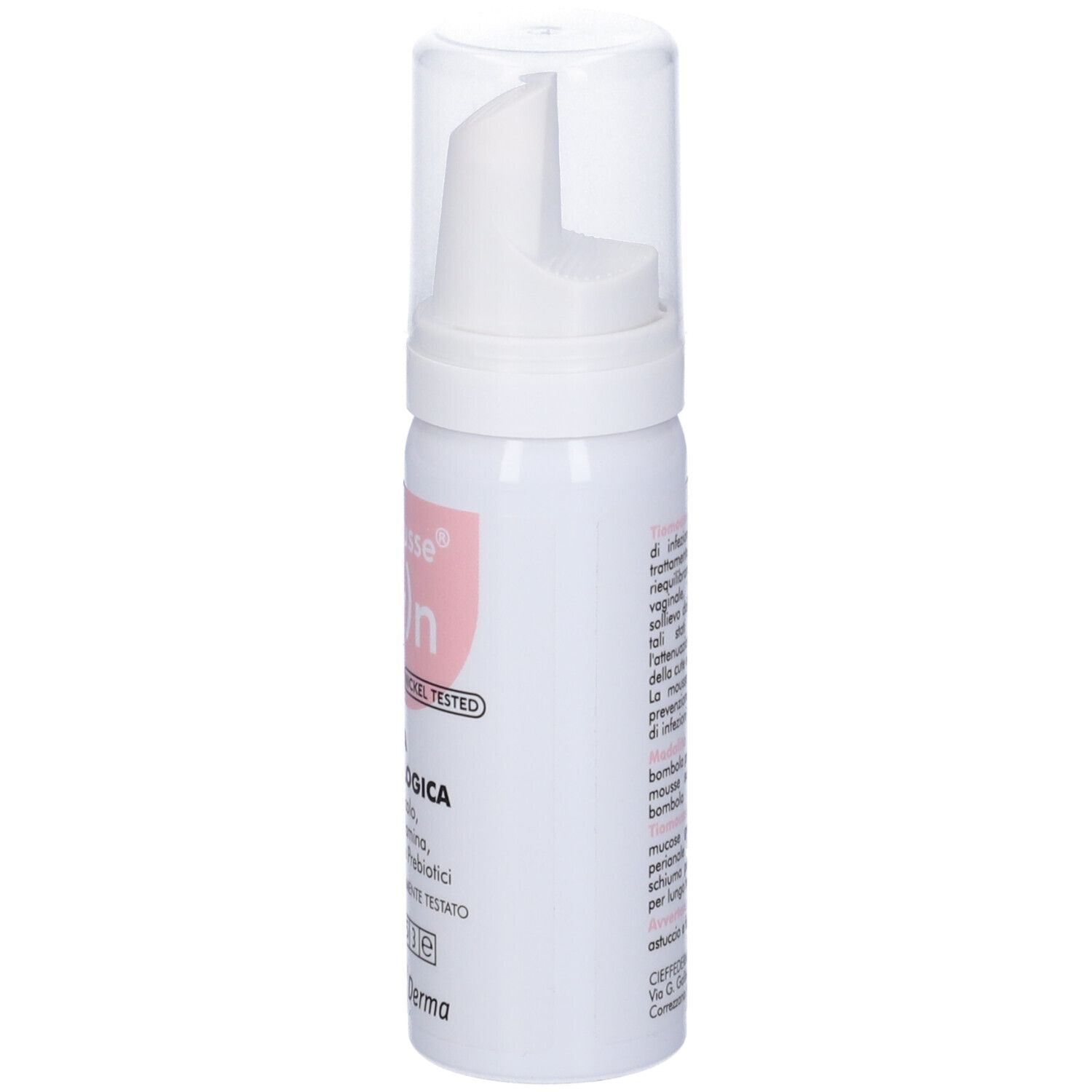 Flacone bianco con etichetta rosa. Scritta: Tiomousse G(y)n, Schiuma Ginecologica, 40 ml. Testo in italiano.