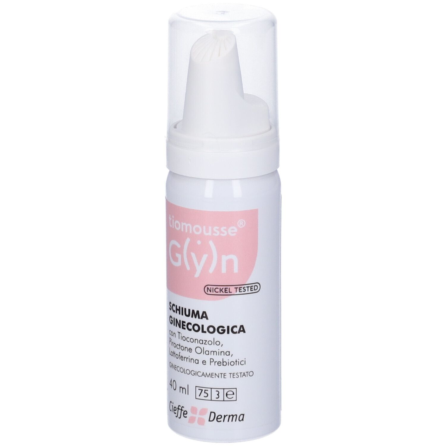Flacone bianco con etichetta rosa. Scritta: Tiomousse G(y)n, Schiuma Ginecologica, 40 ml. Testo in italiano.