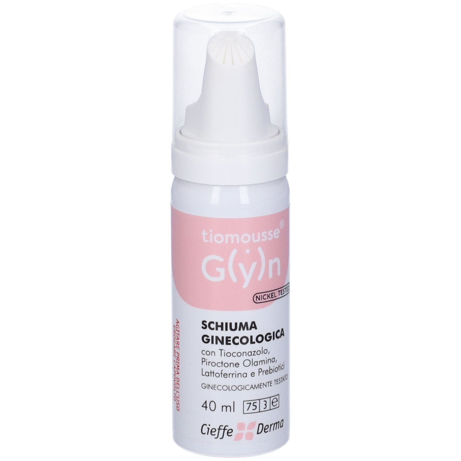 Flacone bianco con etichetta rosa. Scritta: Tiomousse G(y)n, Schiuma Ginecologica, 40 ml. Testo in italiano.