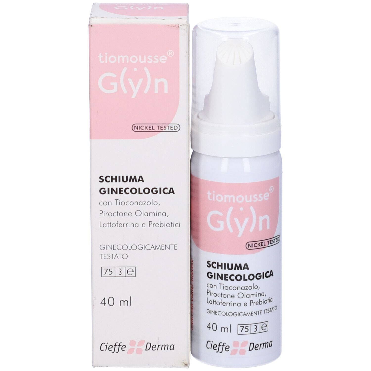 Flacone bianco con etichetta rosa. Scritta: Tiomousse G(y)n, Schiuma Ginecologica, 40 ml. Nickel Tested.