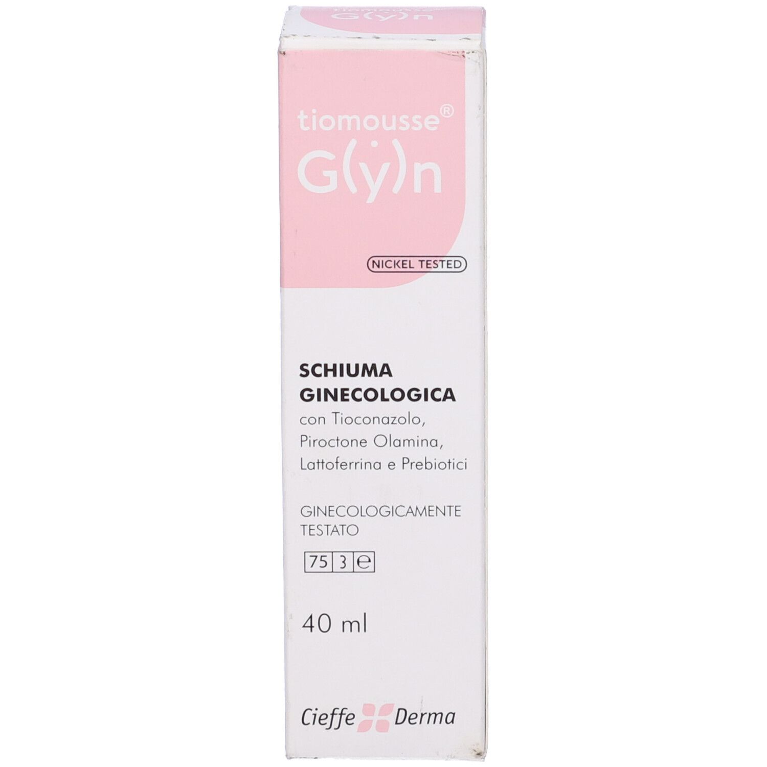 Scatola e flacone rosa e bianco. Scritta: Tiomousse G(y)n, Schiuma Ginecologica, 40 ml. Nickel Tested.