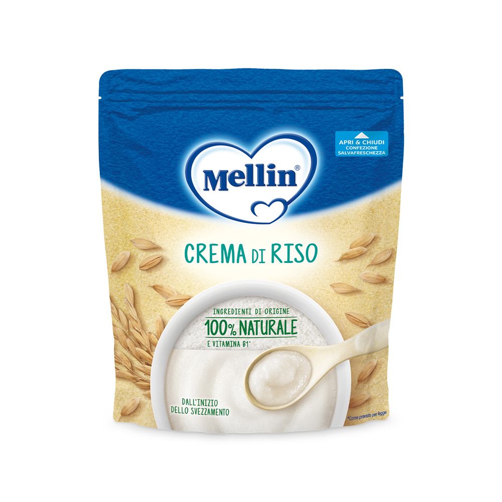 Beutel mit Aufschrift "Mellin CREMA DI RISO". Darunter eine Schüssel mit Reisbrei und Löffel. 100% natürlich.